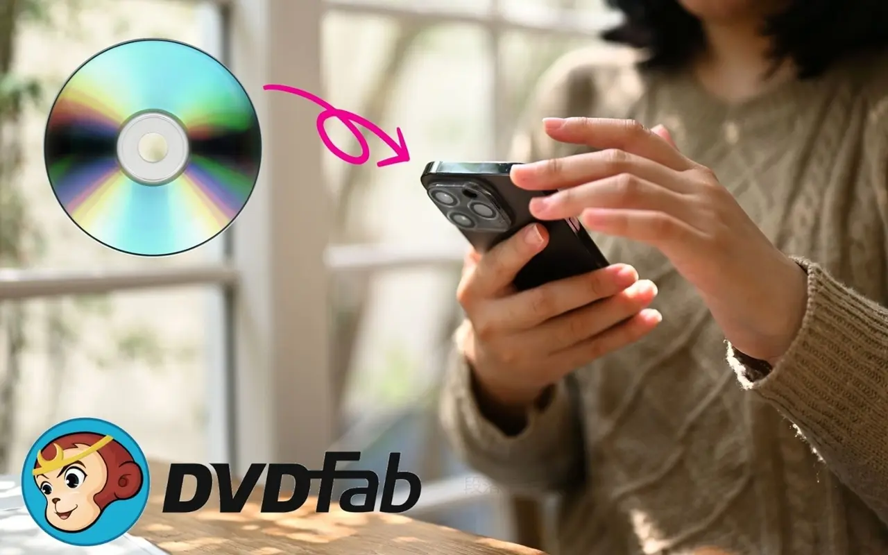 女性が操作しているスマホにDVDをインストールするイメージ